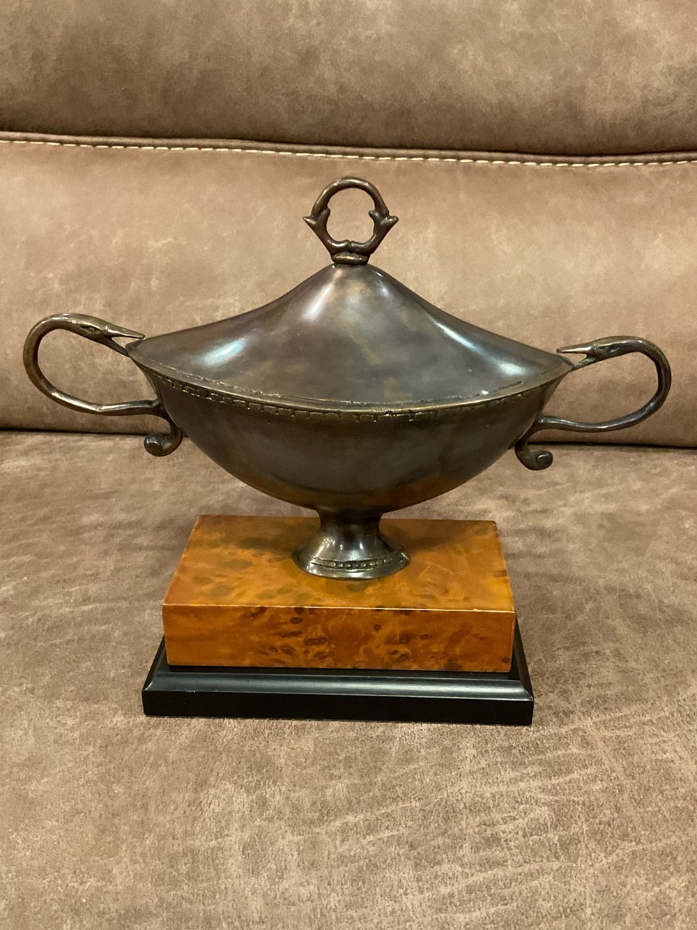 Antique Brass Aladdin Lamp Urn on Burl Base